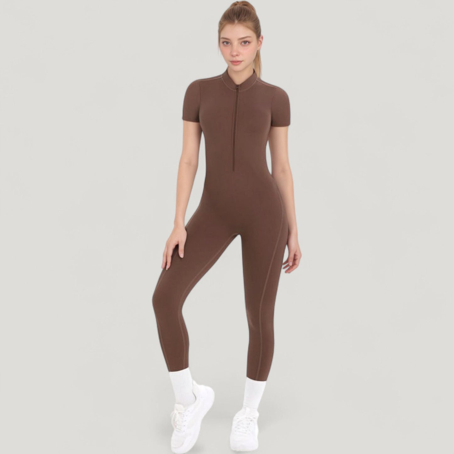 Short Sleeve High Neck Open Back Zip-Up Jumpsuit with Fitted Silhouette and Scrunch Back Detail
