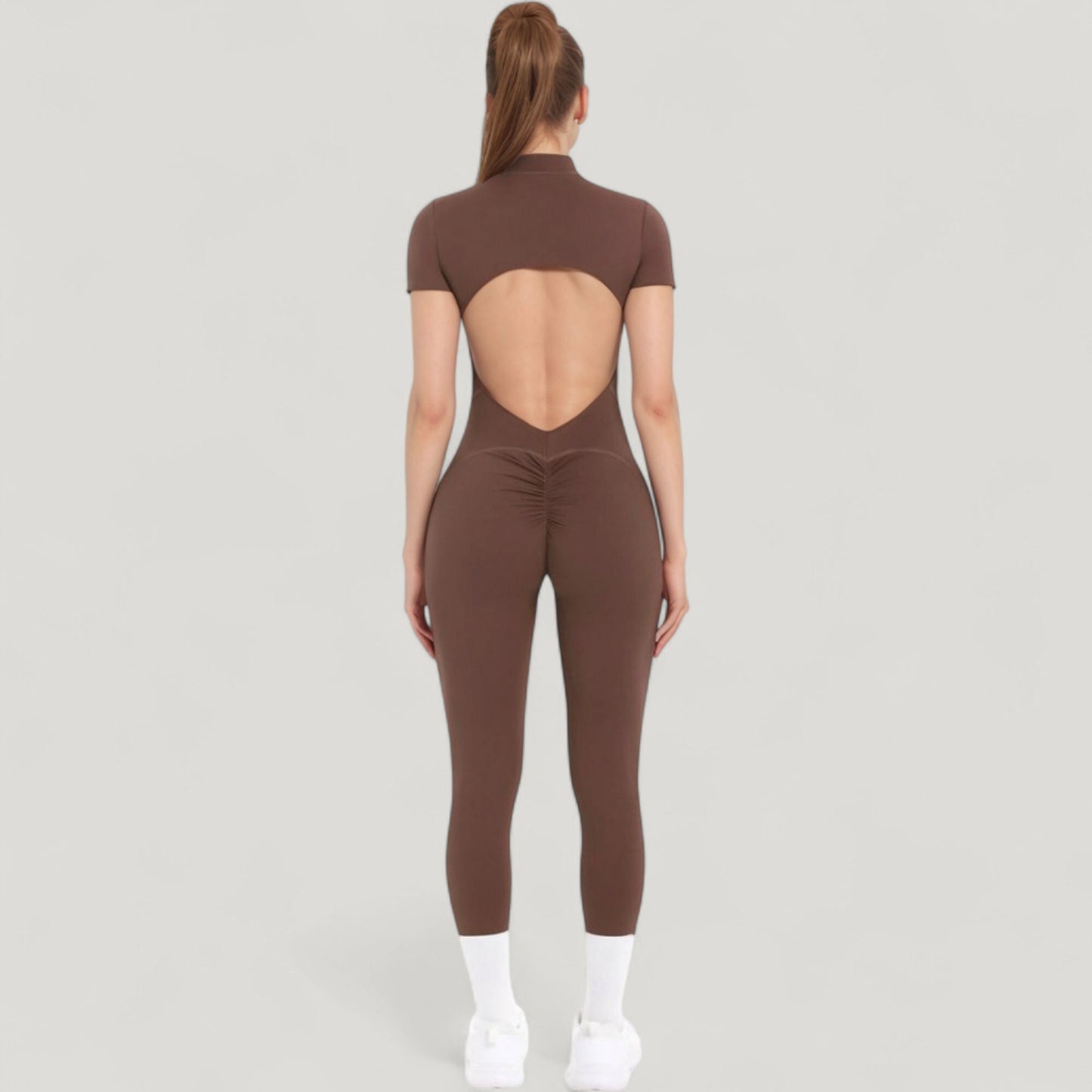 Short Sleeve High Neck Open Back Zip-Up Jumpsuit with Fitted Silhouette and Scrunch Back Detail