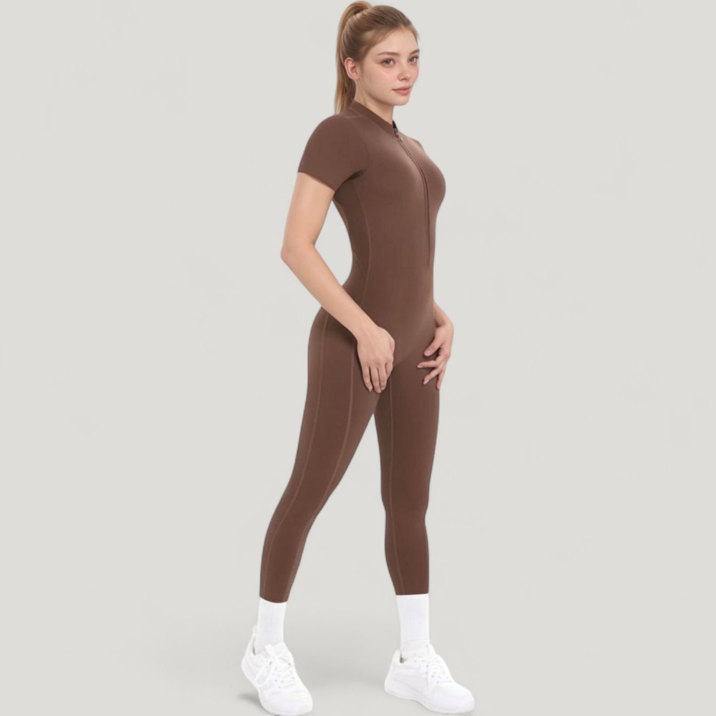 Short Sleeve High Neck Open Back Zip-Up Jumpsuit with Fitted Silhouette and Scrunch Back Detail
