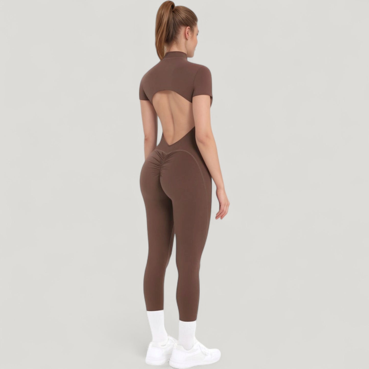 Short Sleeve High Neck Open Back Zip-Up Jumpsuit with Fitted Silhouette and Scrunch Back Detail