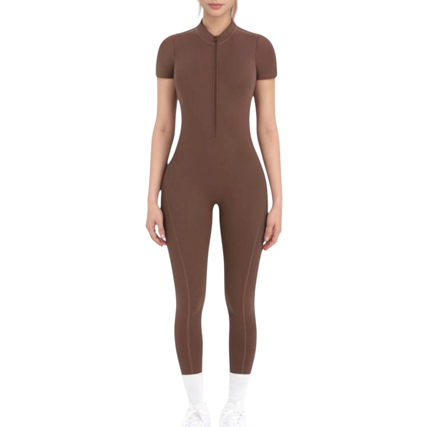 Short Sleeve High Neck Open Back Zip-Up Jumpsuit with Fitted Silhouette and Scrunch Back Detail