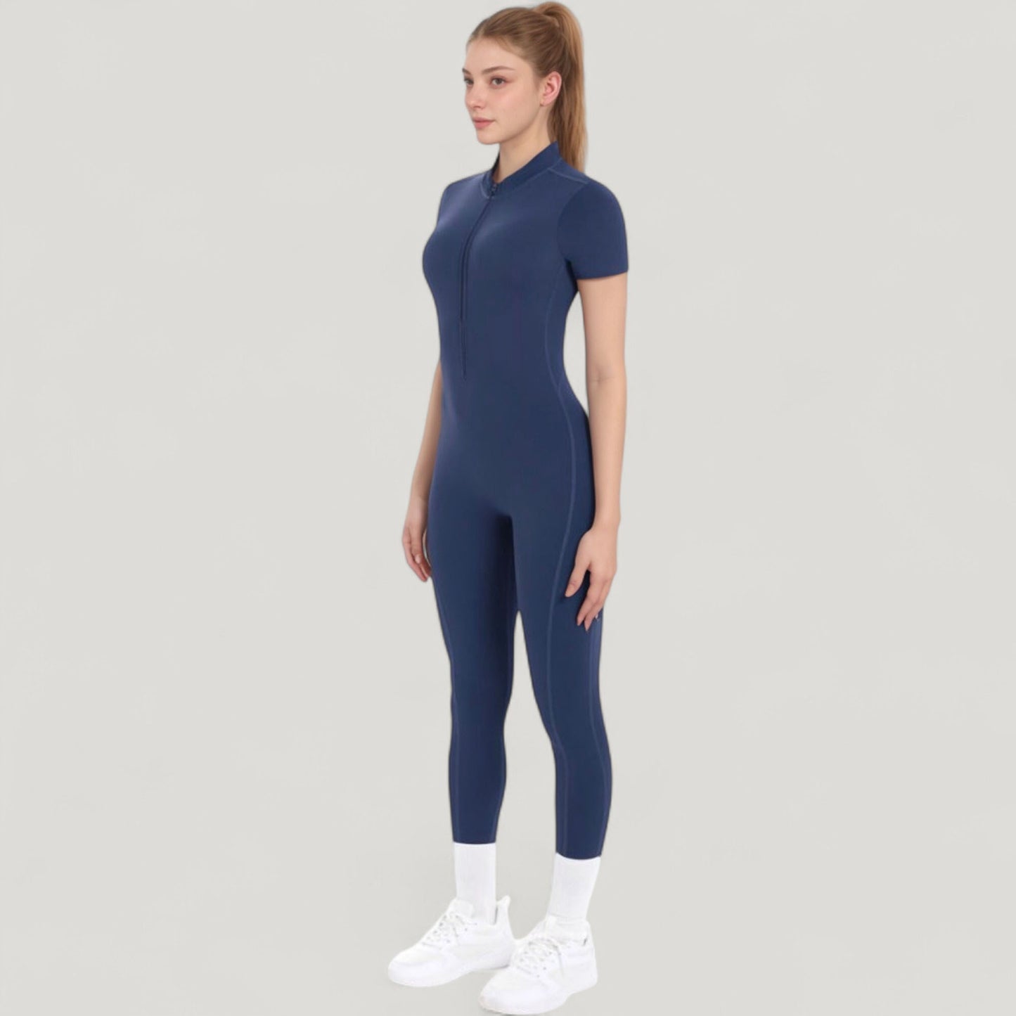 Short Sleeve High Neck Open Back Zip-Up Jumpsuit with Fitted Silhouette and Scrunch Back Detail