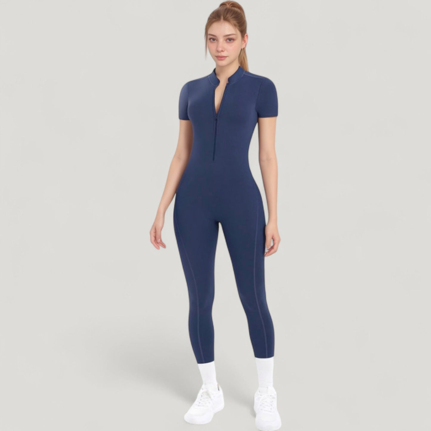 Short Sleeve High Neck Open Back Zip-Up Jumpsuit with Fitted Silhouette and Scrunch Back Detail
