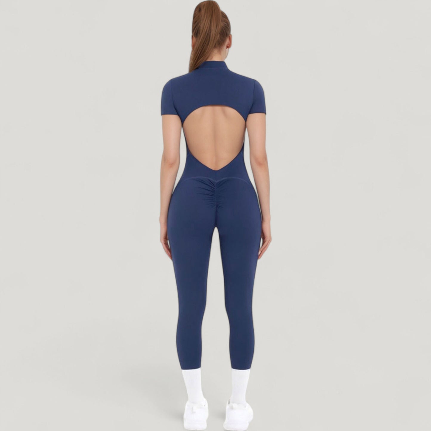 Short Sleeve High Neck Open Back Zip-Up Jumpsuit with Fitted Silhouette and Scrunch Back Detail
