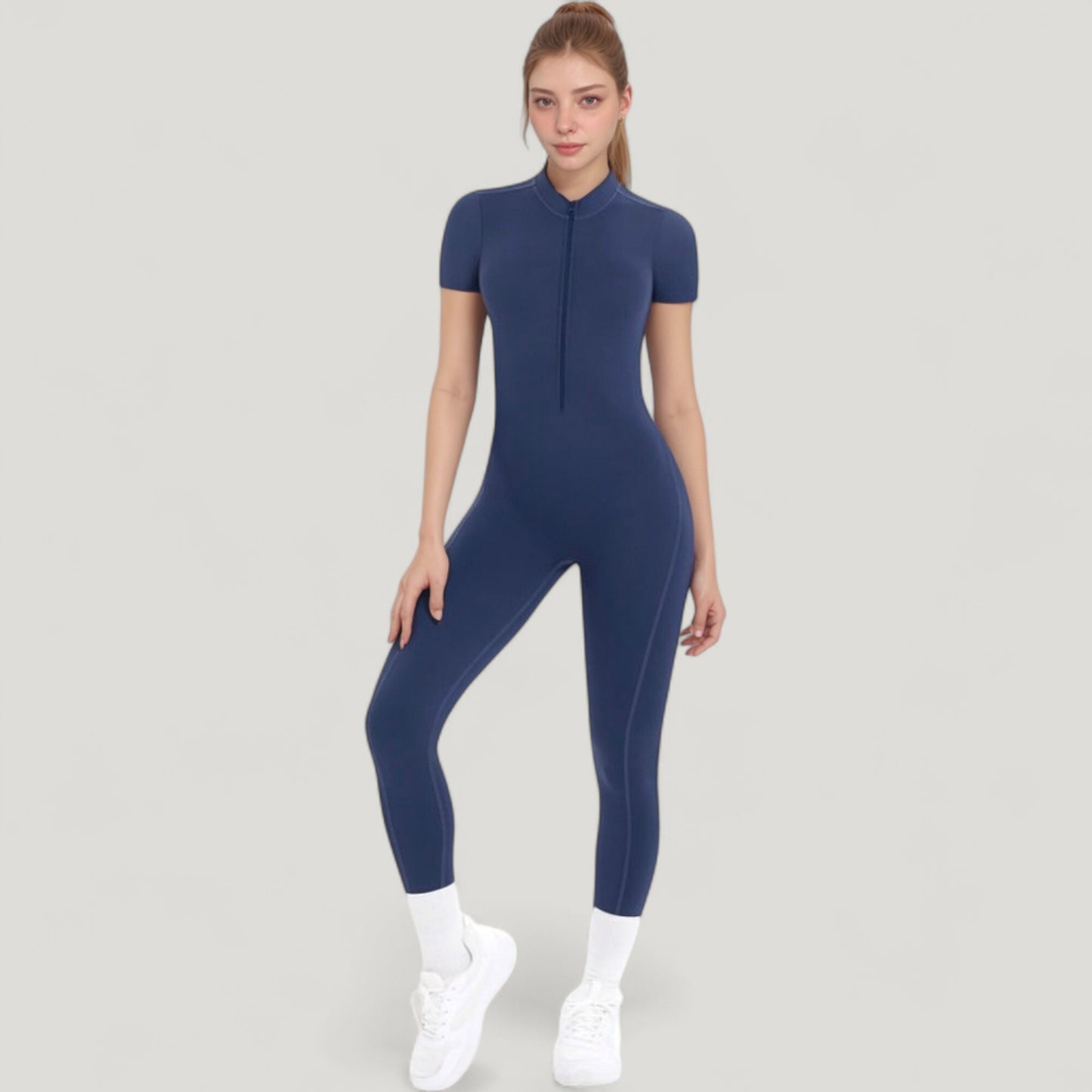 Short Sleeve High Neck Open Back Zip-Up Jumpsuit with Fitted Silhouette and Scrunch Back Detail