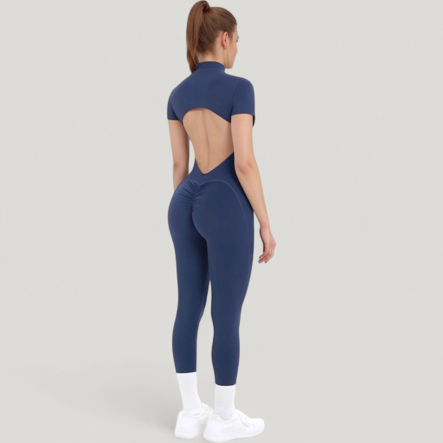 Short Sleeve High Neck Open Back Zip-Up Jumpsuit with Fitted Silhouette and Scrunch Back Detail