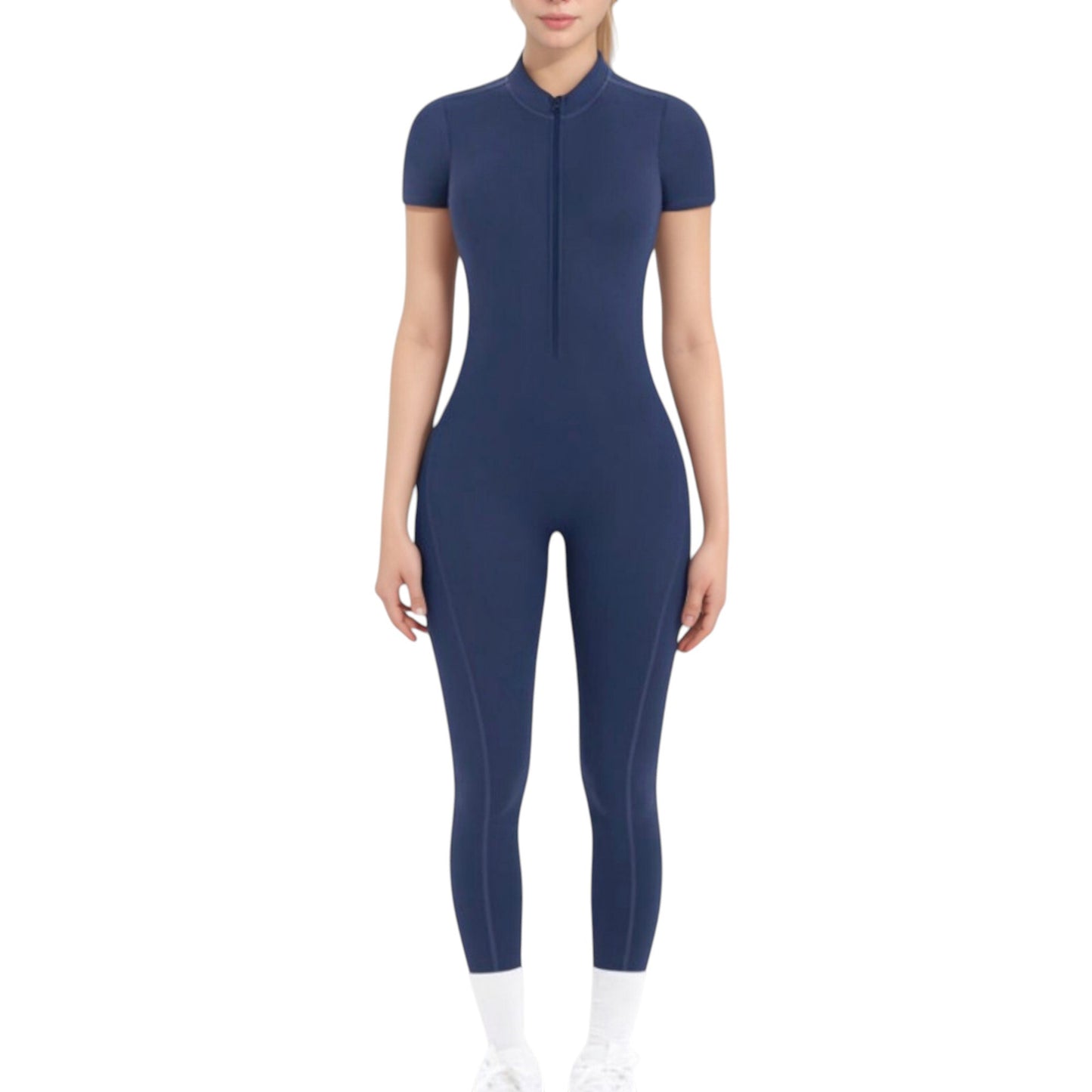Short Sleeve High Neck Open Back Zip-Up Jumpsuit with Fitted Silhouette and Scrunch Back Detail