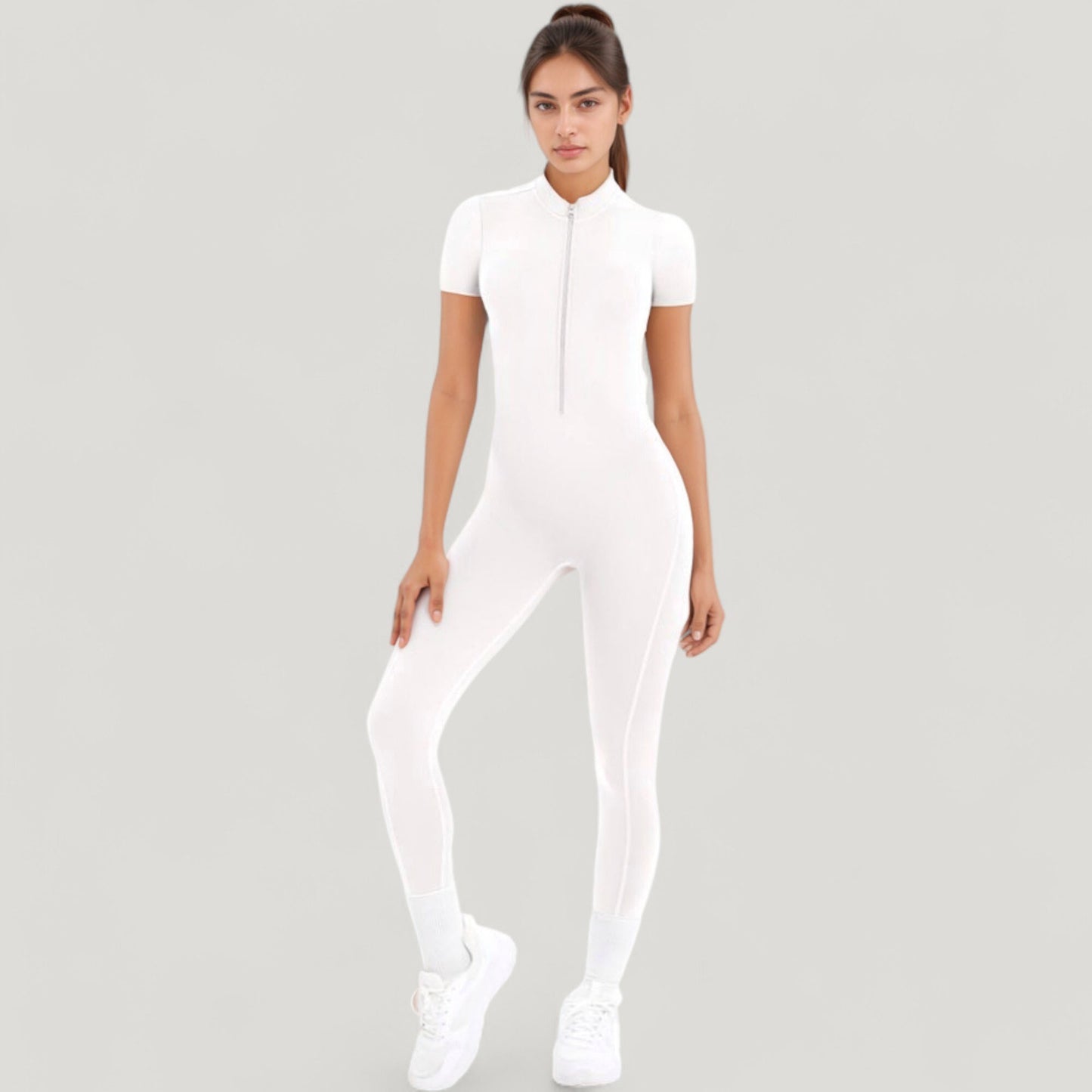 Short Sleeve High Neck Open Back Zip-Up Jumpsuit with Fitted Silhouette and Scrunch Back Detail