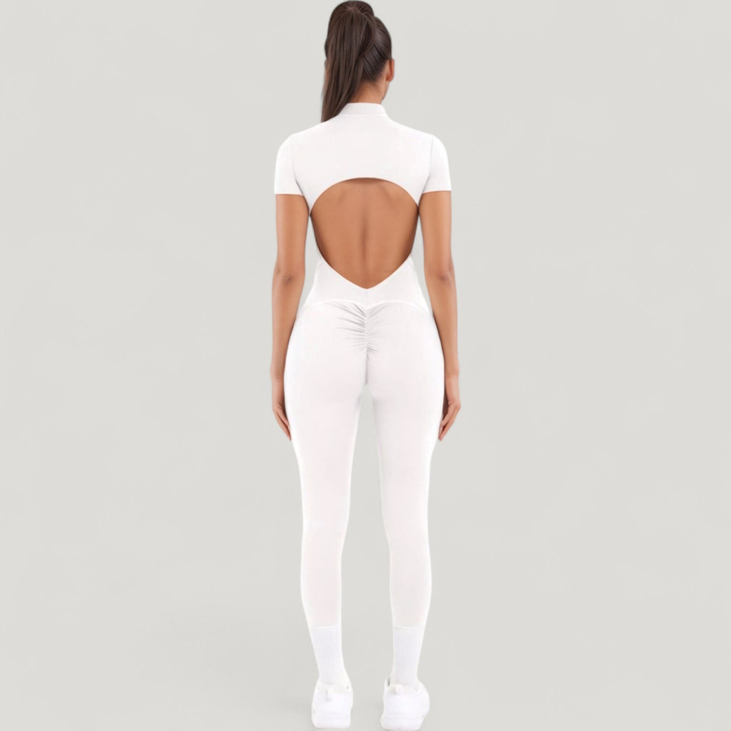 Short Sleeve High Neck Open Back Zip-Up Jumpsuit with Fitted Silhouette and Scrunch Back Detail