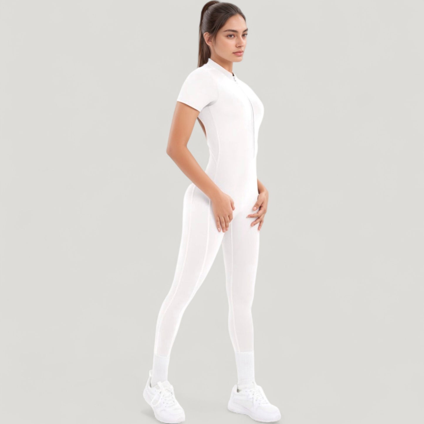 Short Sleeve High Neck Open Back Zip-Up Jumpsuit with Fitted Silhouette and Scrunch Back Detail