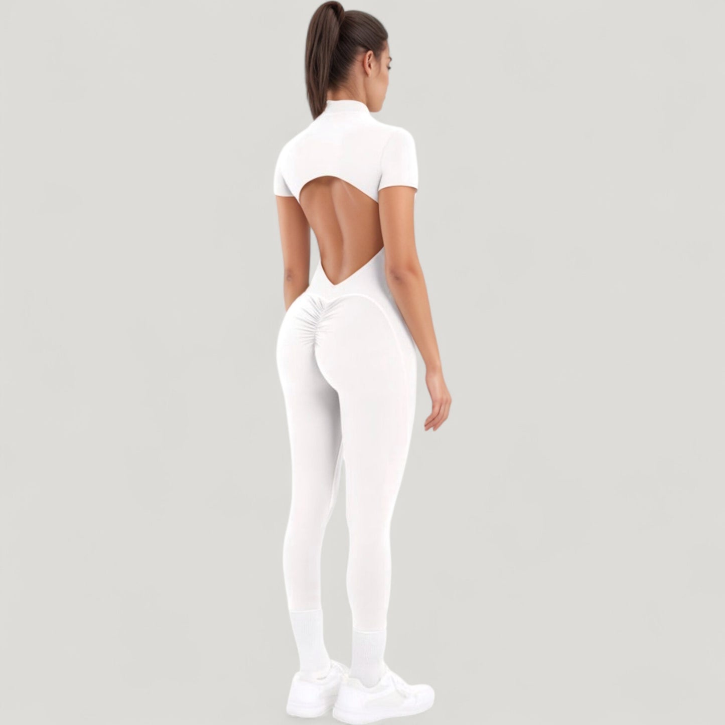 Short Sleeve High Neck Open Back Zip-Up Jumpsuit with Fitted Silhouette and Scrunch Back Detail