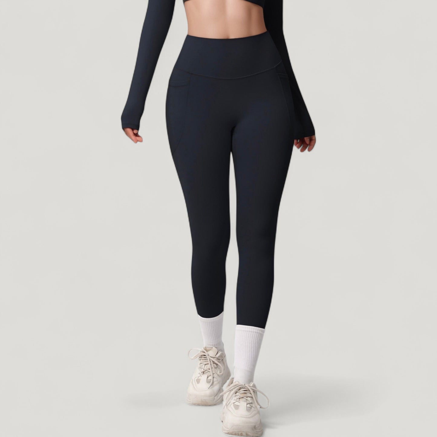 High Waist Full Length Leggings with Side Pockets and Wide Waistband