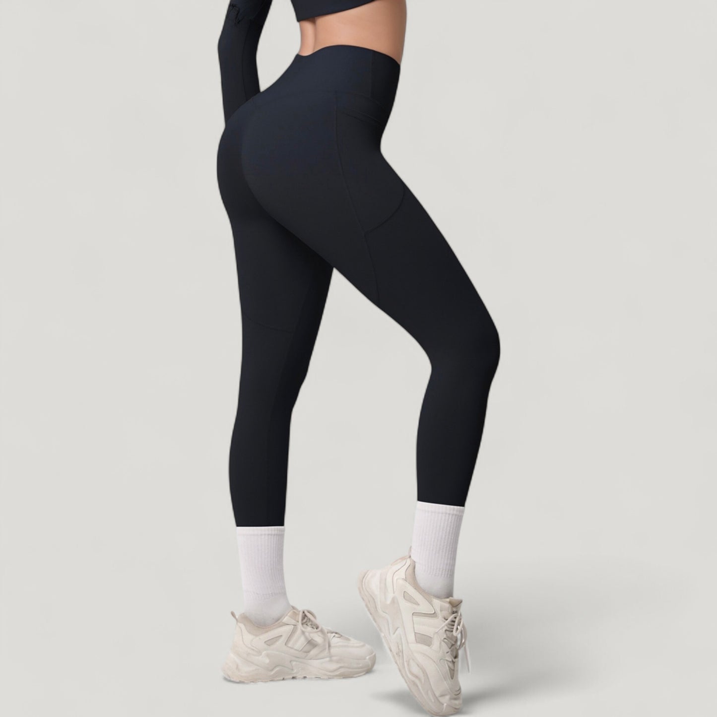 High Waist Full Length Leggings with Side Pockets and Wide Waistband