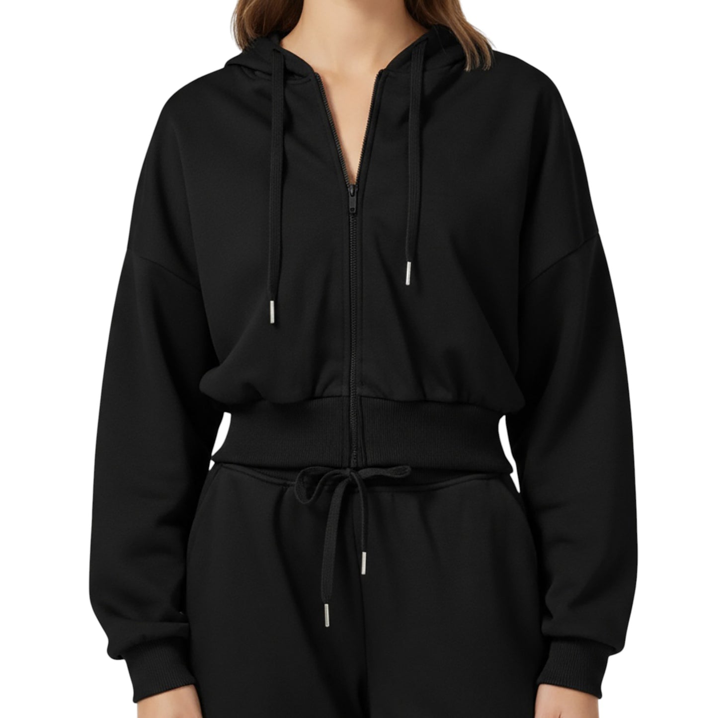 Cropped Zip-Up Hoodie with Drawstring Hood and Long Sleeves