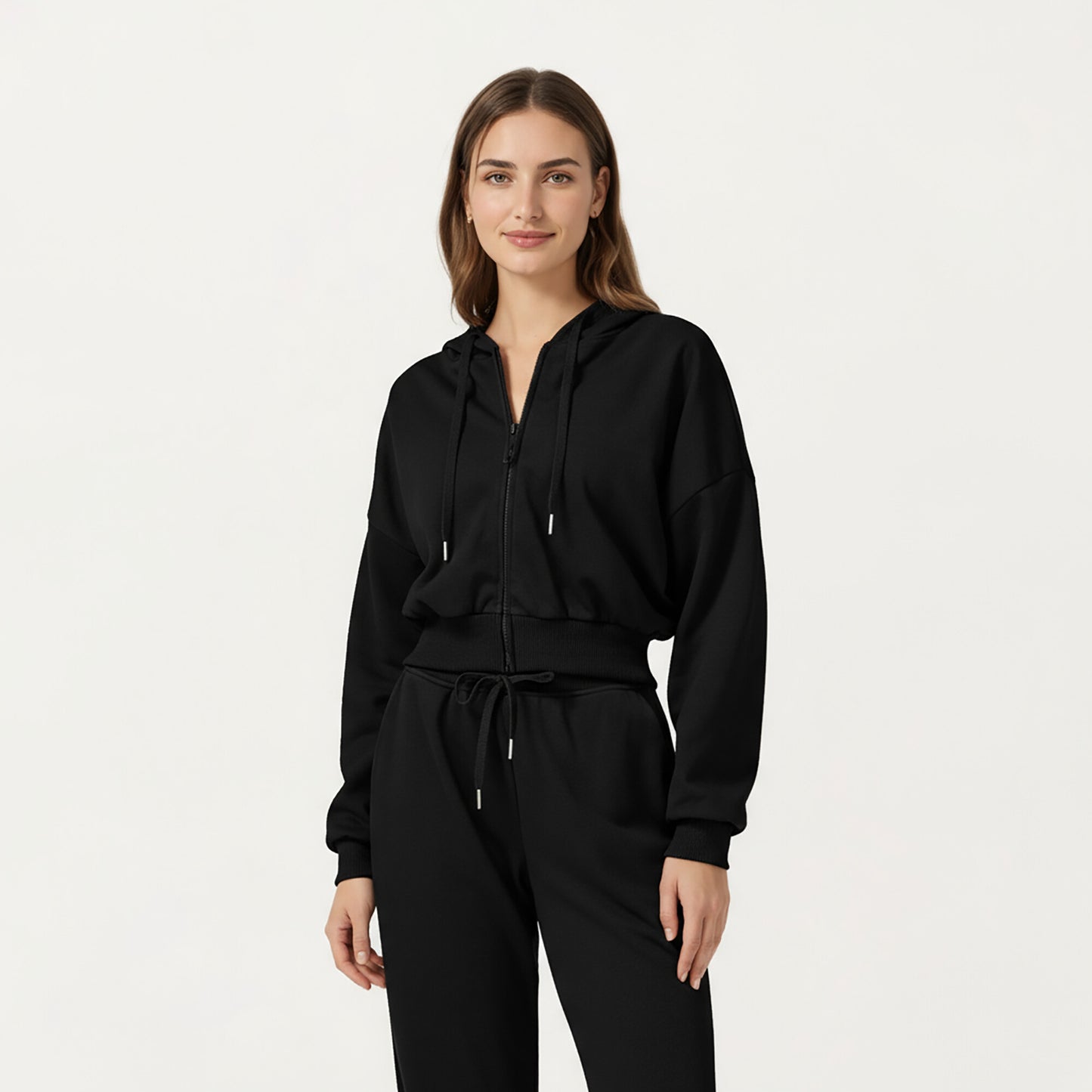 Cropped Zip-Up Hoodie with Drawstring Hood and Long Sleeves
