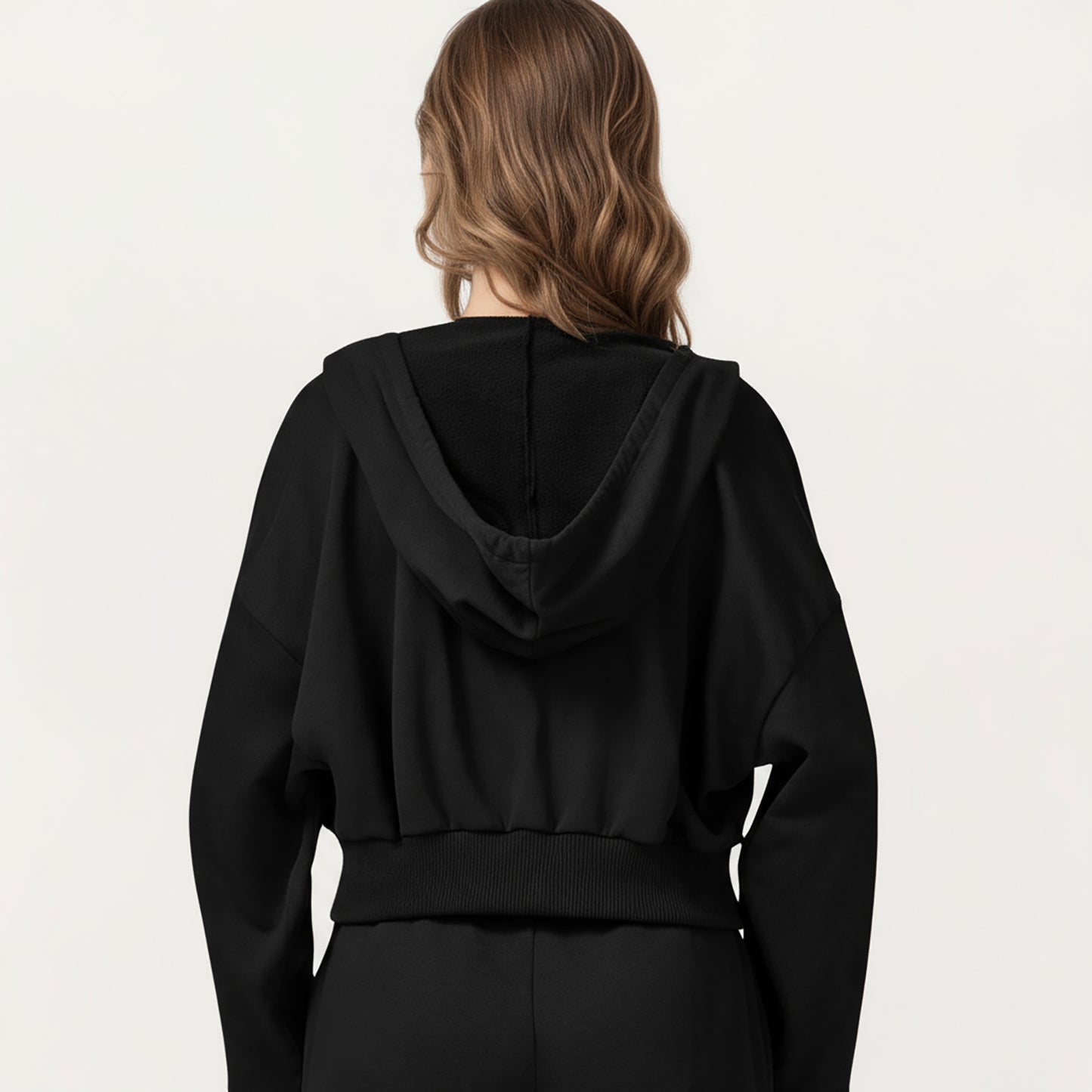 Cropped Zip-Up Hoodie with Drawstring Hood and Long Sleeves