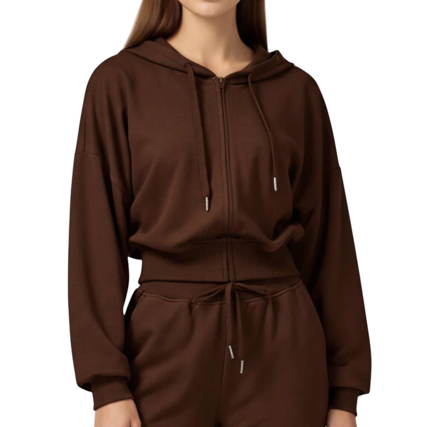 Cropped Zip-Up Hoodie with Drawstring Hood and Long Sleeves
