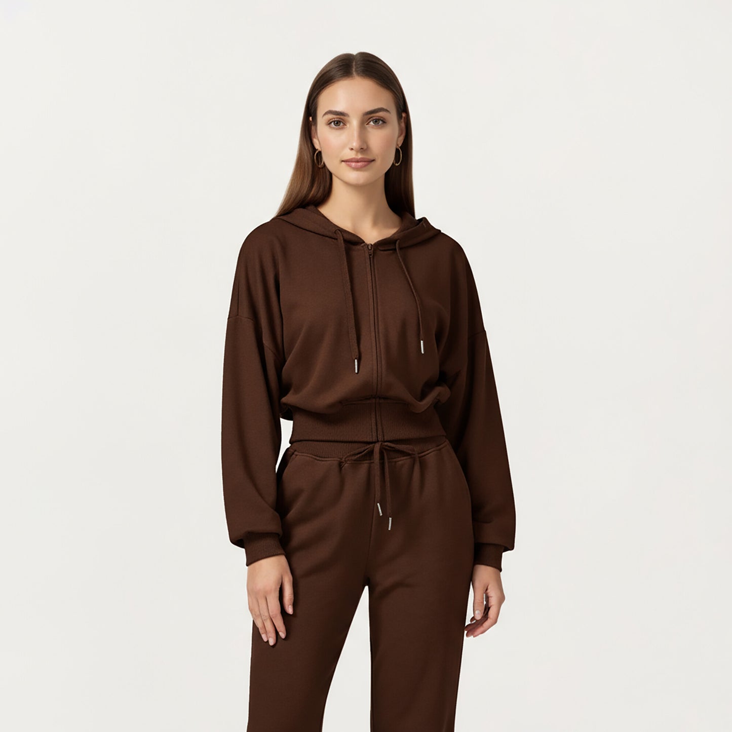 Cropped Zip-Up Hoodie with Drawstring Hood and Long Sleeves