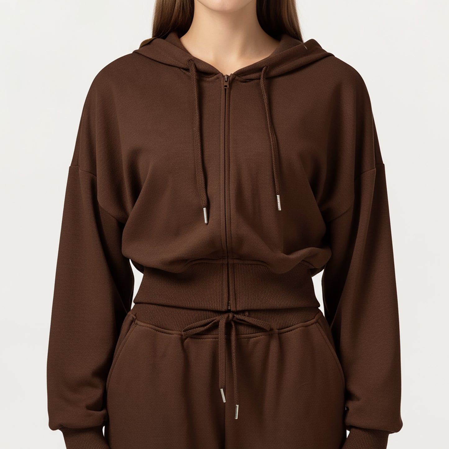 Cropped Zip-Up Hoodie with Drawstring Hood and Long Sleeves