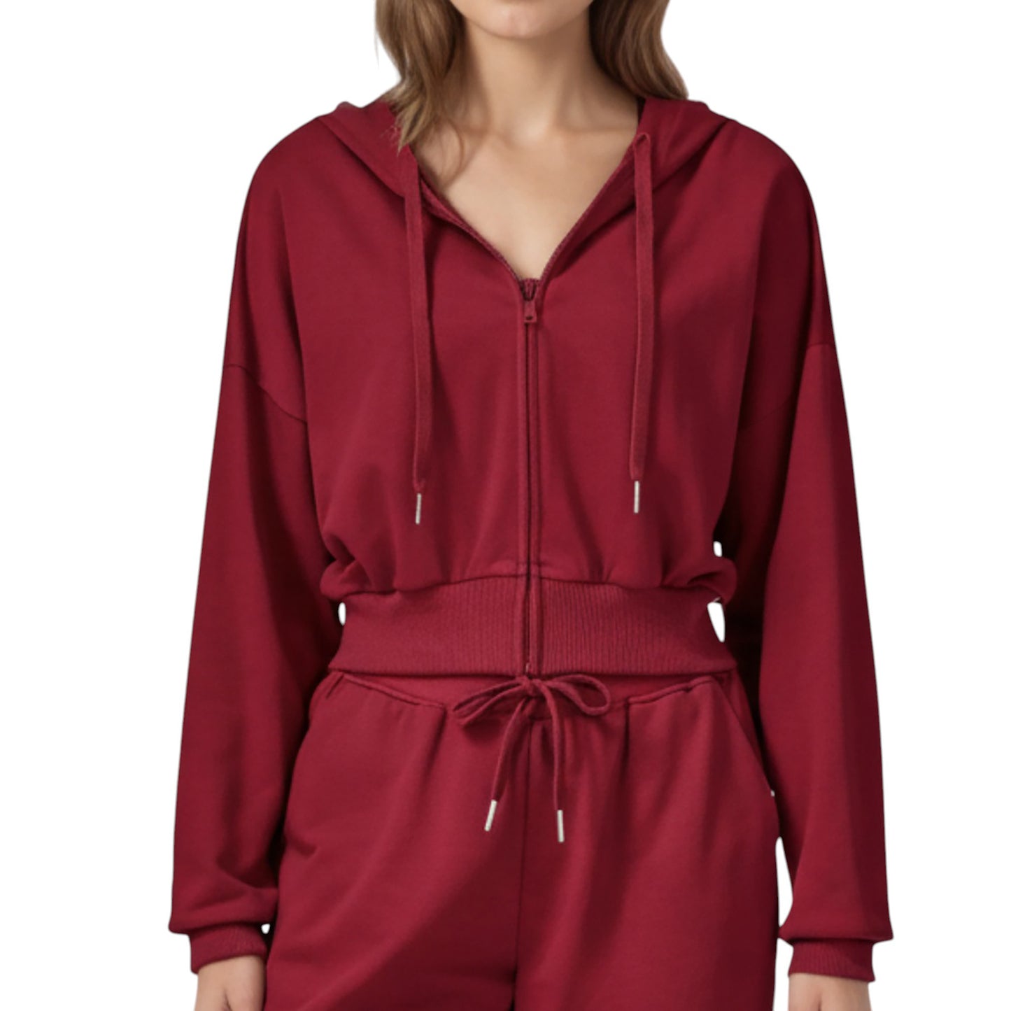 Cropped Zip-Up Hoodie with Drawstring Hood and Long Sleeves