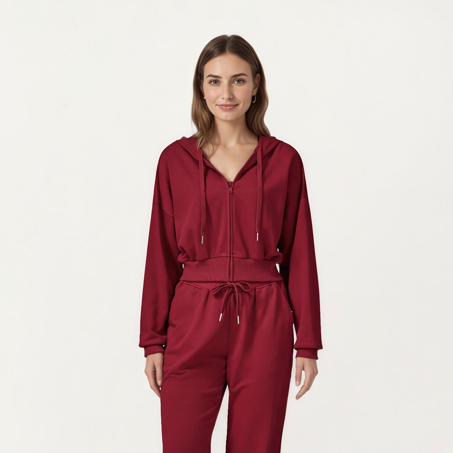 Cropped Zip-Up Hoodie with Drawstring Hood and Long Sleeves