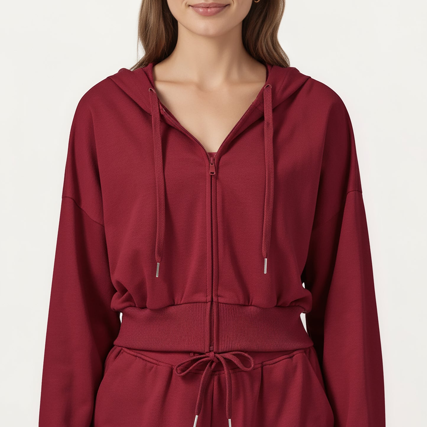 Cropped Zip-Up Hoodie with Drawstring Hood and Long Sleeves