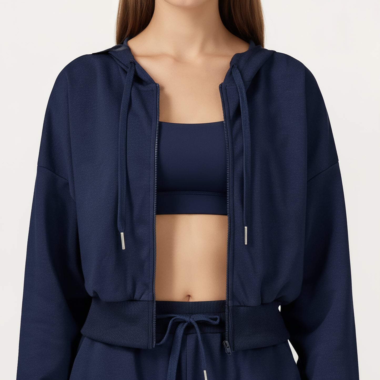 Cropped Zip-Up Hoodie with Drawstring Hood and Long Sleeves