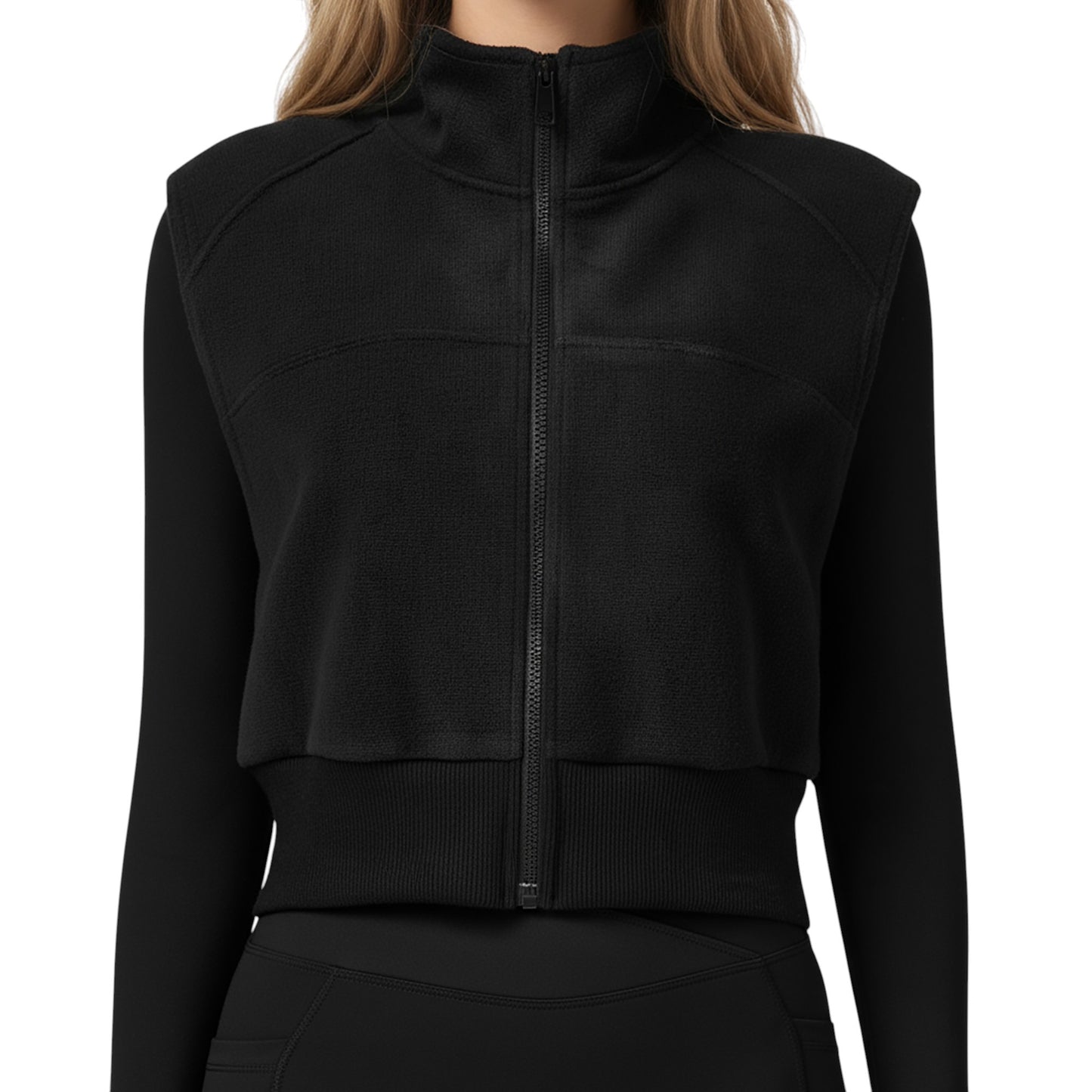 Cropped Zip Closure Vest with Stand Collar and Fitted Hem