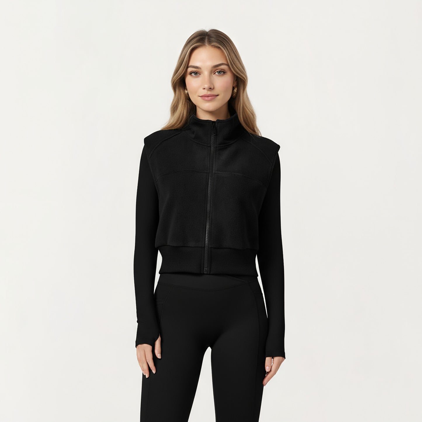 Cropped Zip Closure Vest with Stand Collar and Fitted Hem