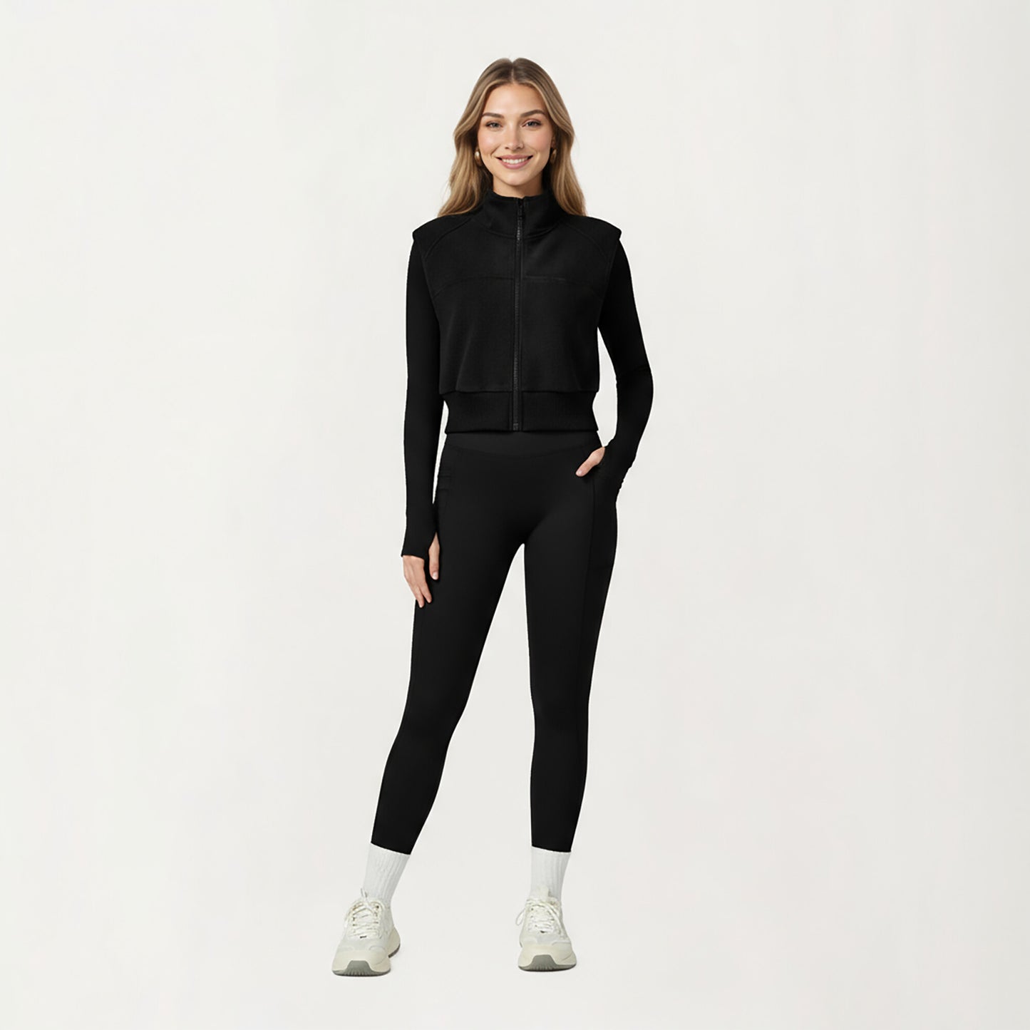 Cropped Zip Closure Vest with Stand Collar and Fitted Hem