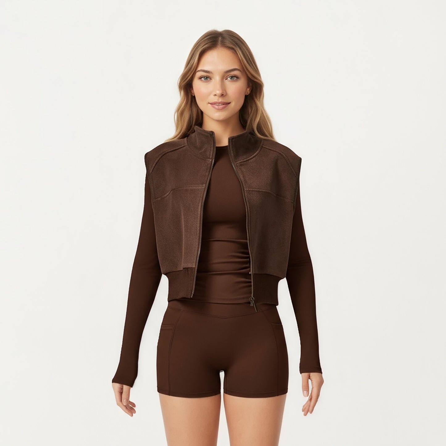 Cropped Zip Closure Vest with Stand Collar and Fitted Hem