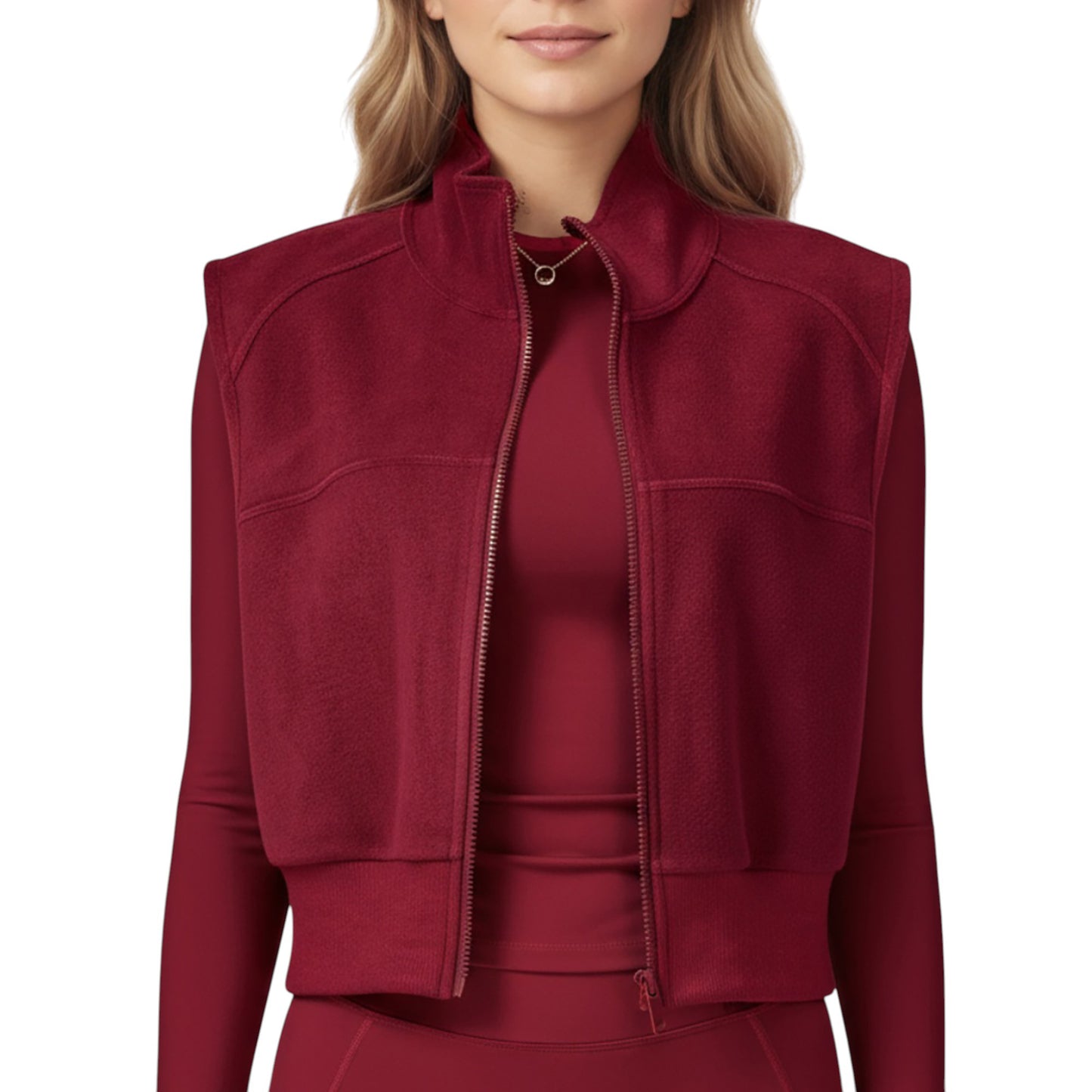 Cropped Zip Closure Vest with Stand Collar and Fitted Hem