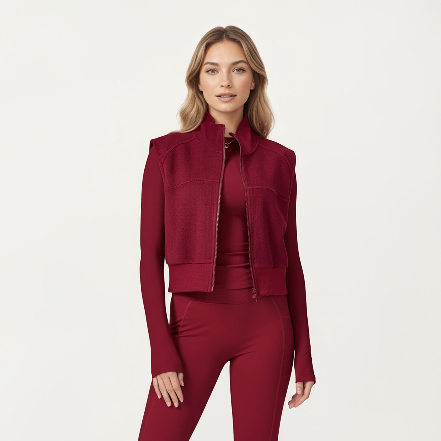 Cropped Zip Closure Vest with Stand Collar and Fitted Hem