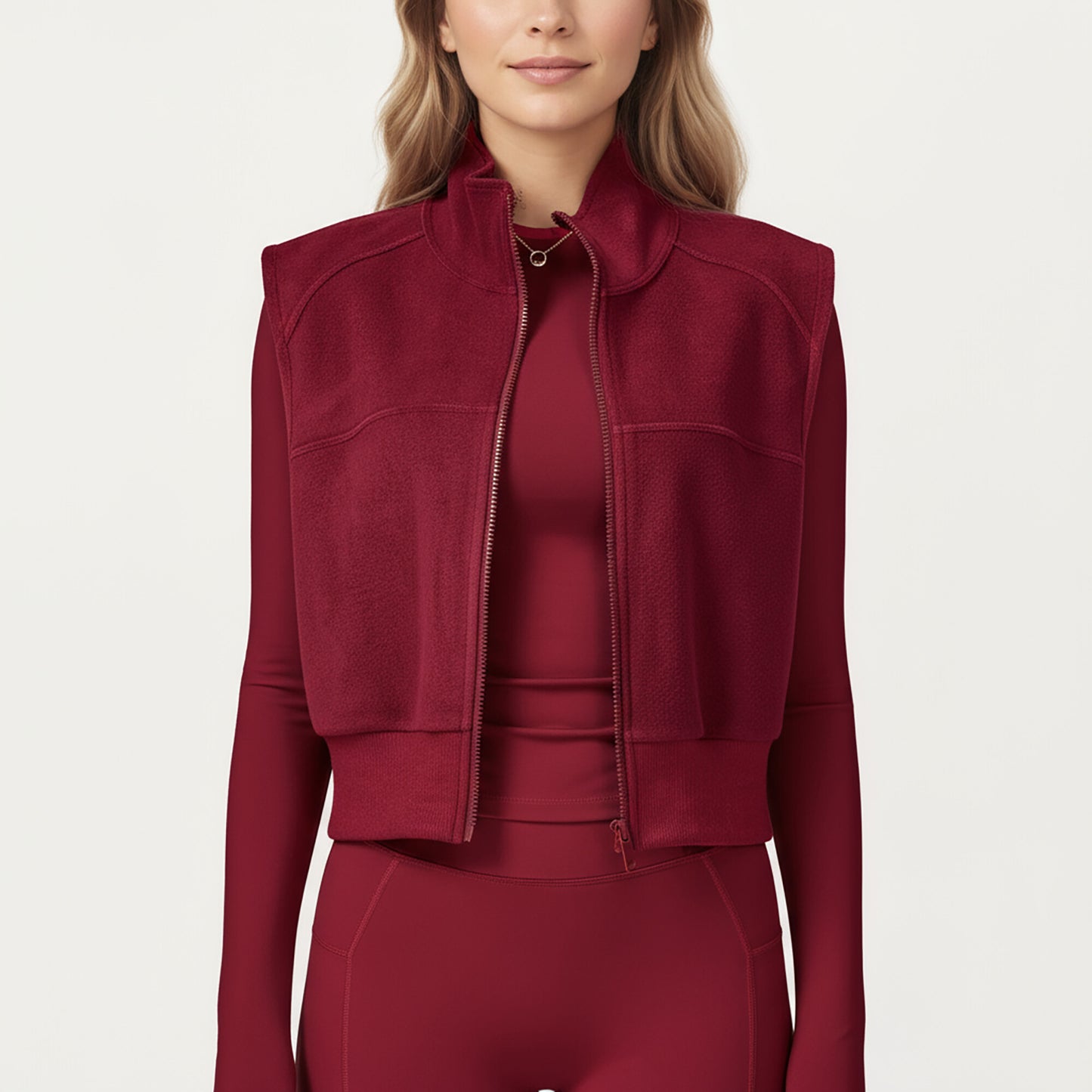 Cropped Zip Closure Vest with Stand Collar and Fitted Hem