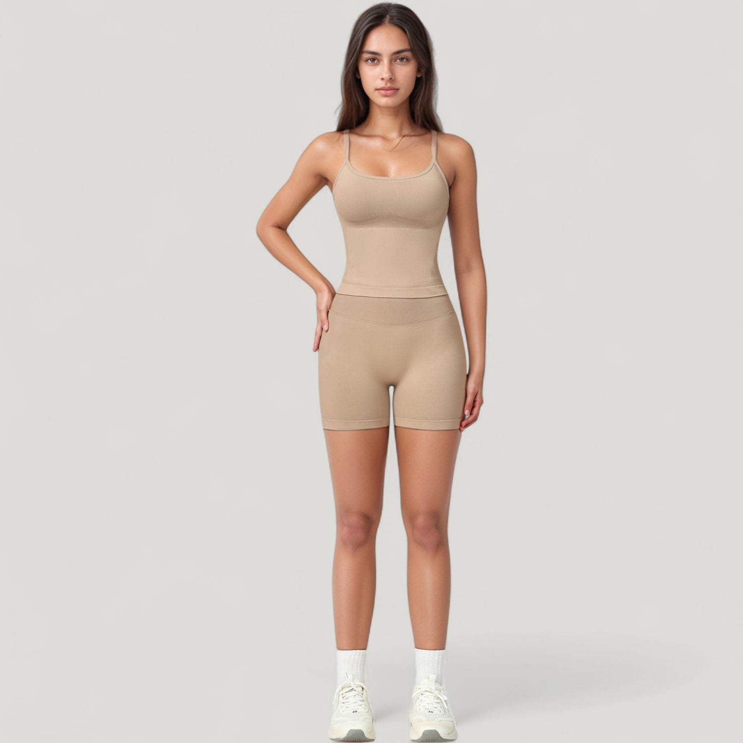 Seamless Activewear Tank Top with Adjustable Spaghetti Straps and Fitted Contour Design