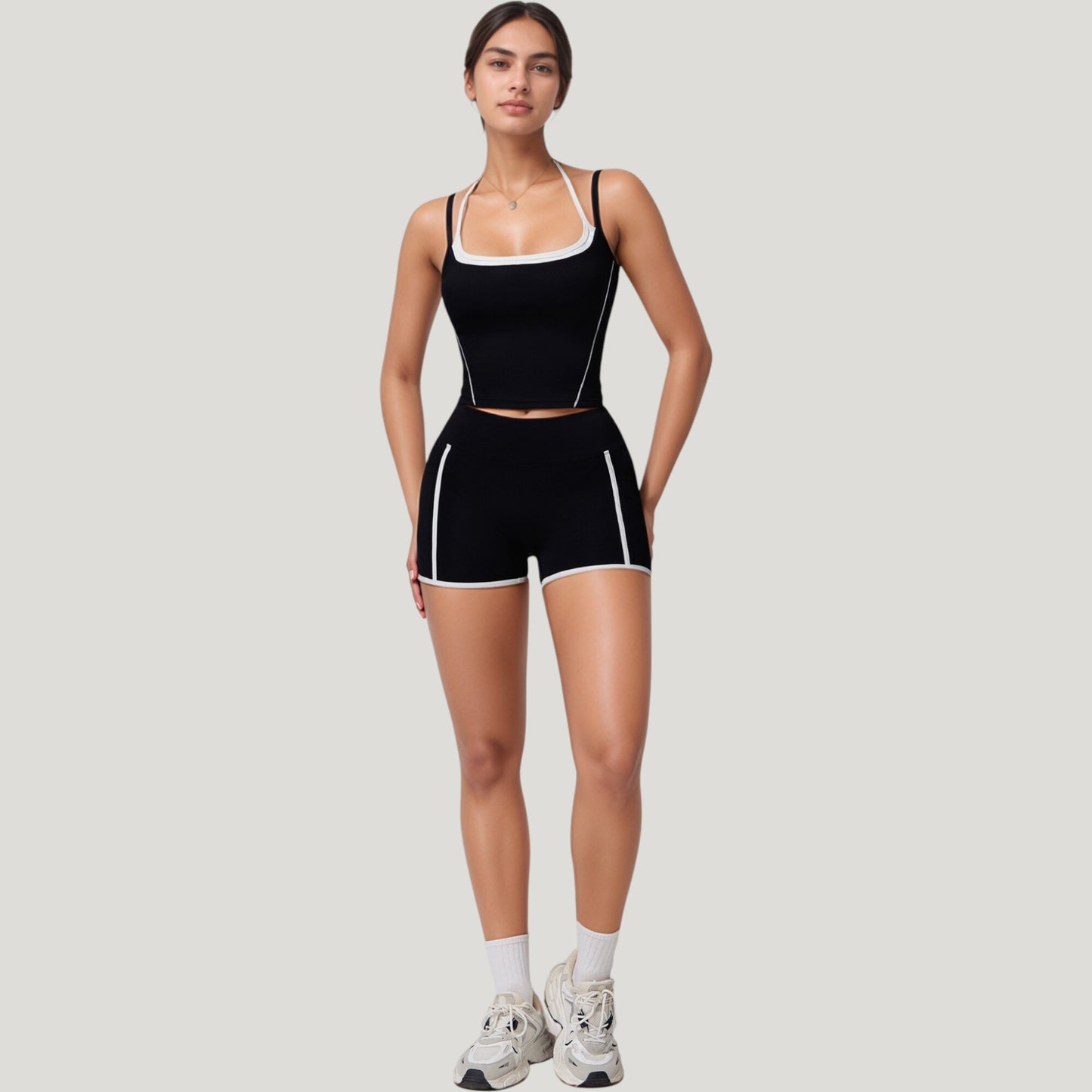 Double Strap Square Neck Activewear Crop Top with Contrast Trim and Streamlined Athletic Fit