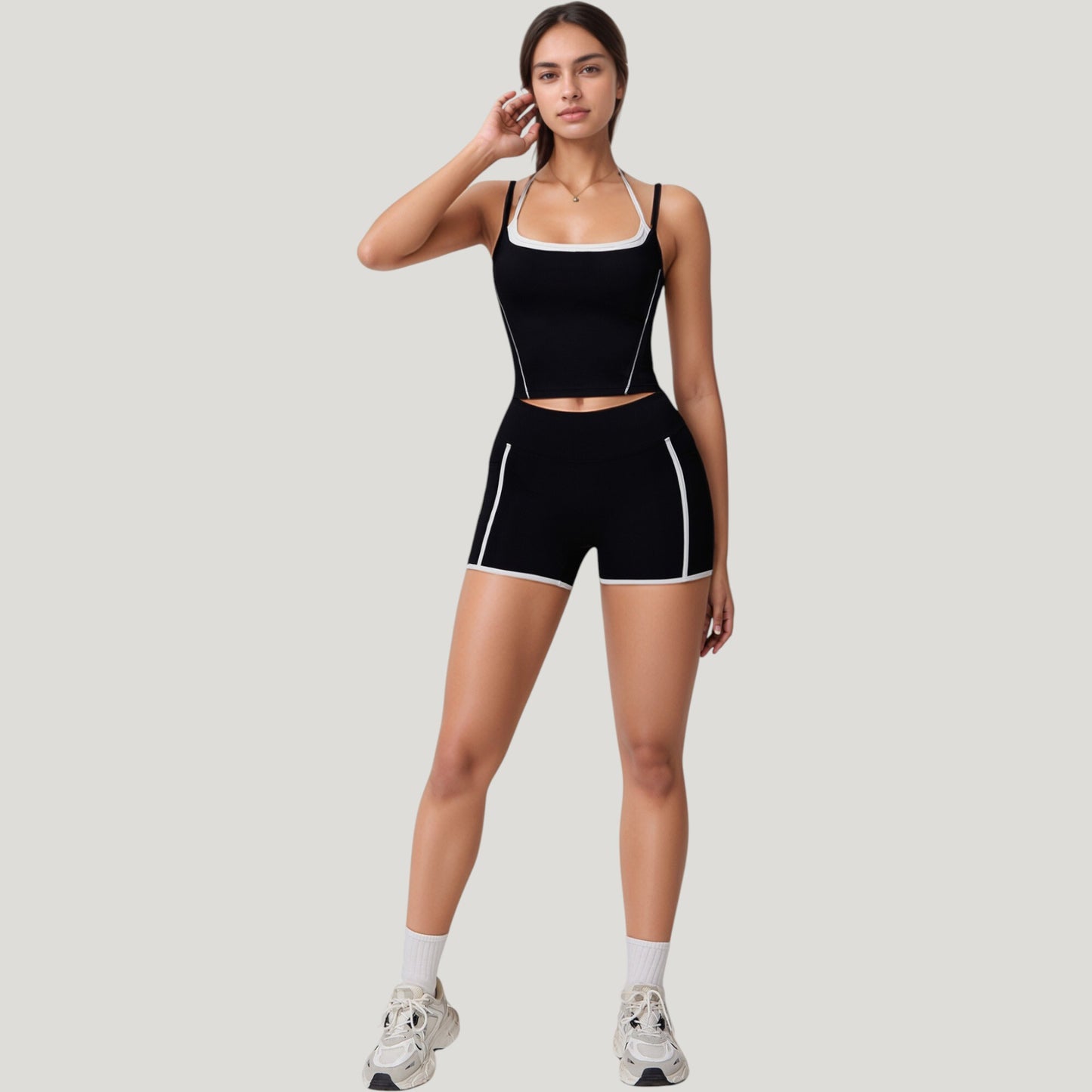 Double Strap Square Neck Activewear Crop Top with Contrast Trim and Streamlined Athletic Fit