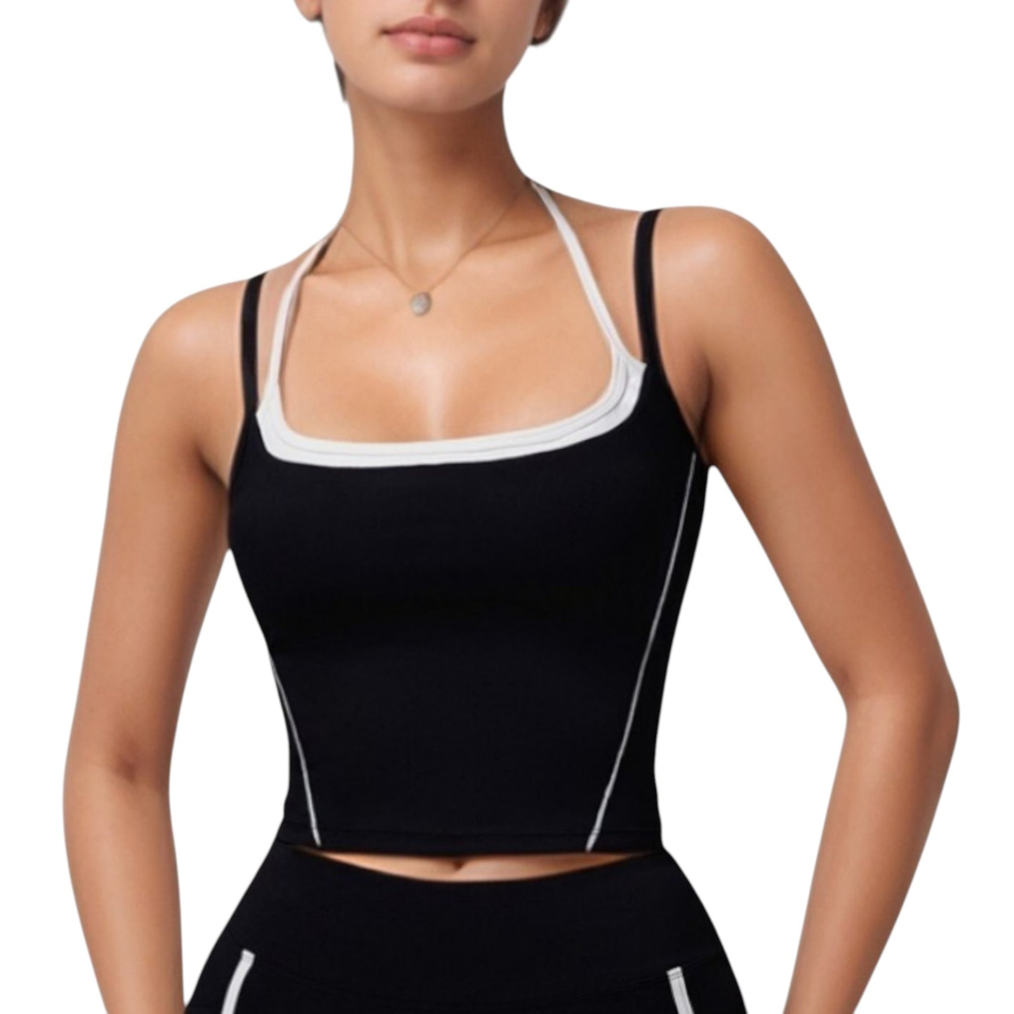 Double Strap Square Neck Activewear Crop Top with Contrast Trim and Streamlined Athletic Fit
