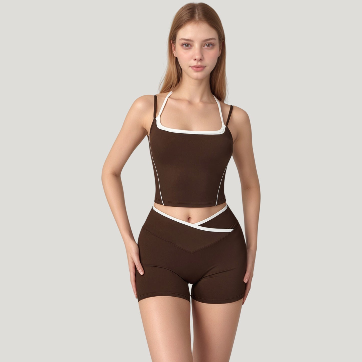 Double Strap Square Neck Activewear Crop Top with Contrast Trim and Streamlined Athletic Fit