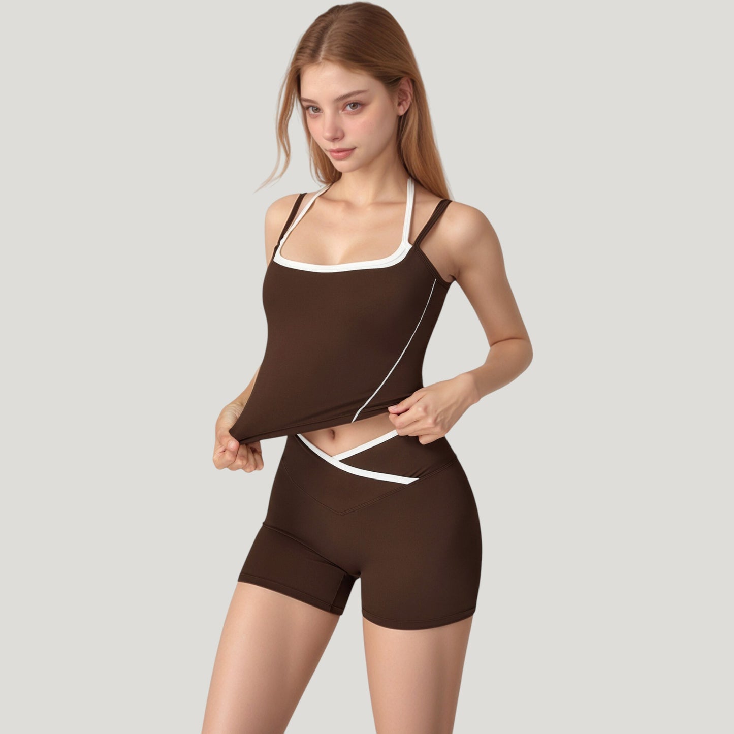 Double Strap Square Neck Activewear Crop Top with Contrast Trim and Streamlined Athletic Fit