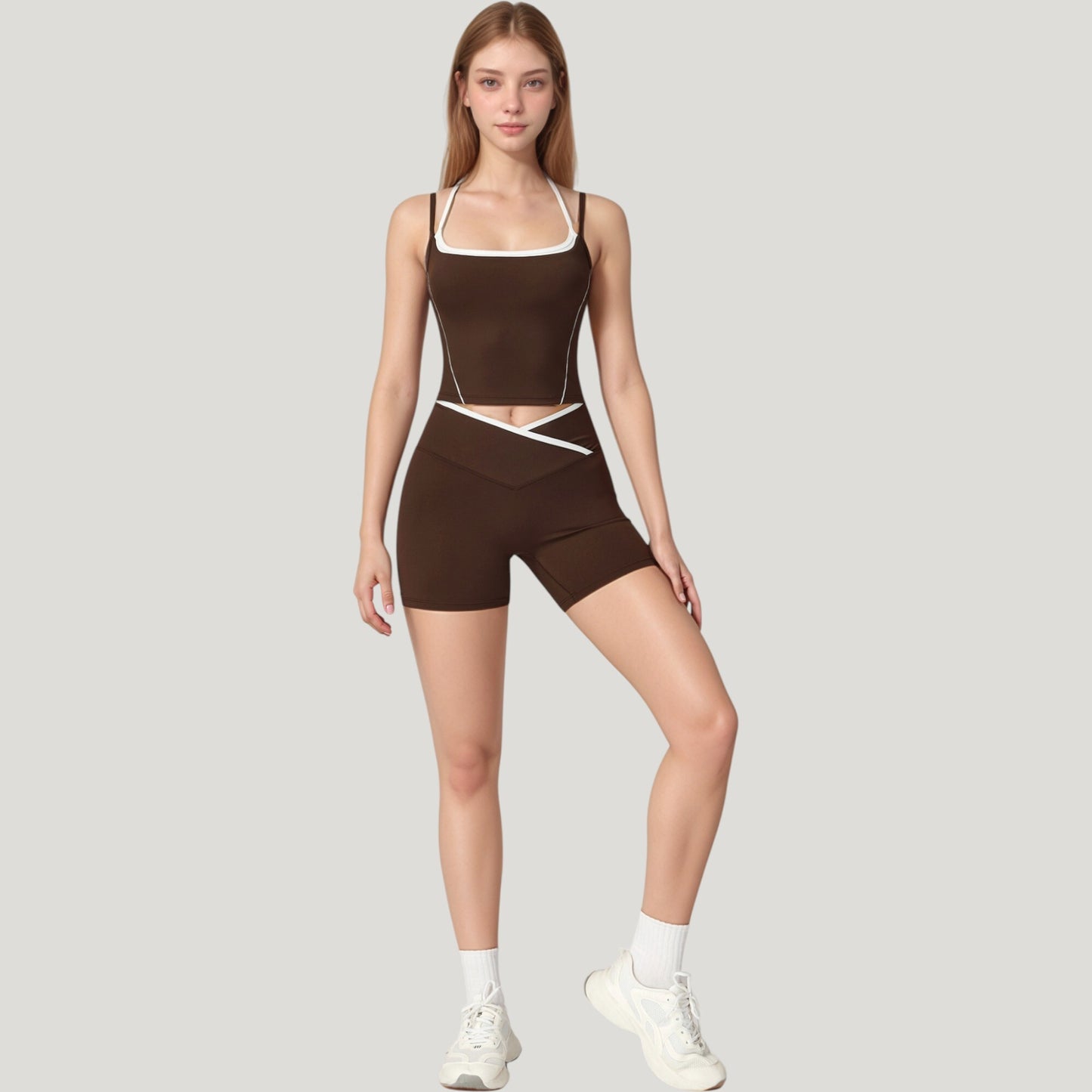 Double Strap Square Neck Activewear Crop Top with Contrast Trim and Streamlined Athletic Fit
