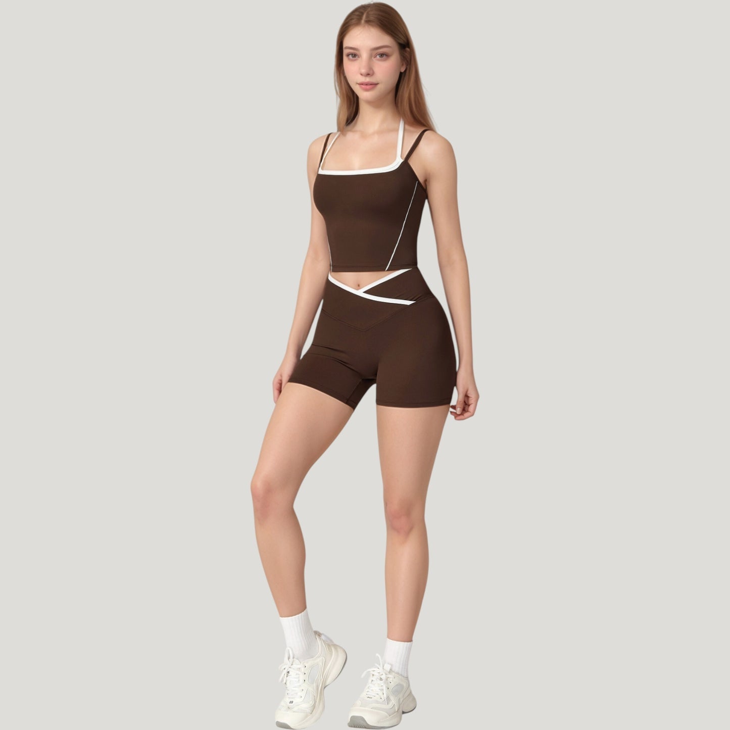 Double Strap Square Neck Activewear Crop Top with Contrast Trim and Streamlined Athletic Fit