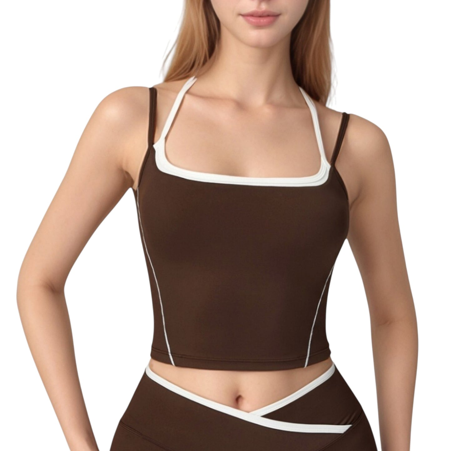 Double Strap Square Neck Activewear Crop Top with Contrast Trim and Streamlined Athletic Fit