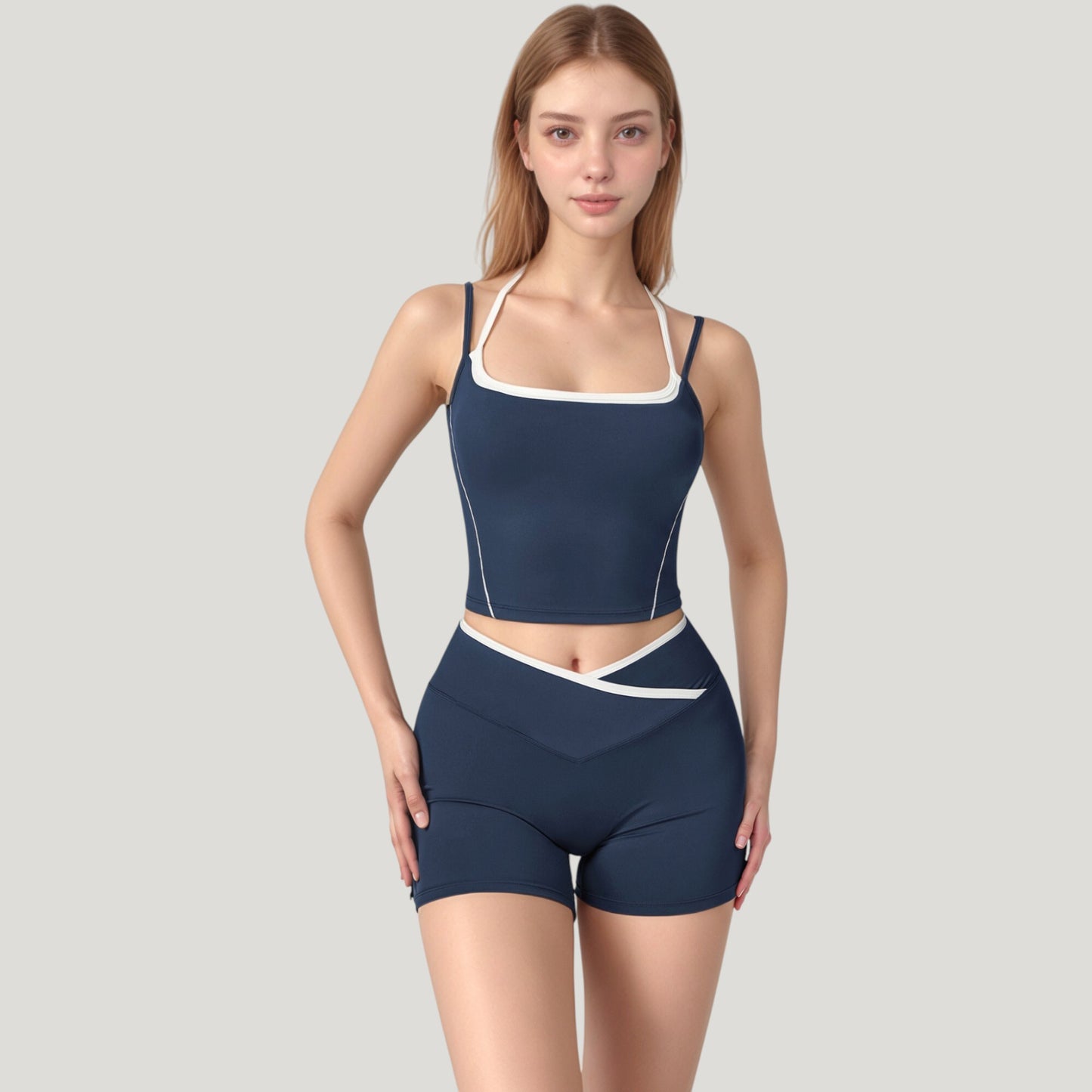 Double Strap Square Neck Activewear Crop Top with Contrast Trim and Streamlined Athletic Fit