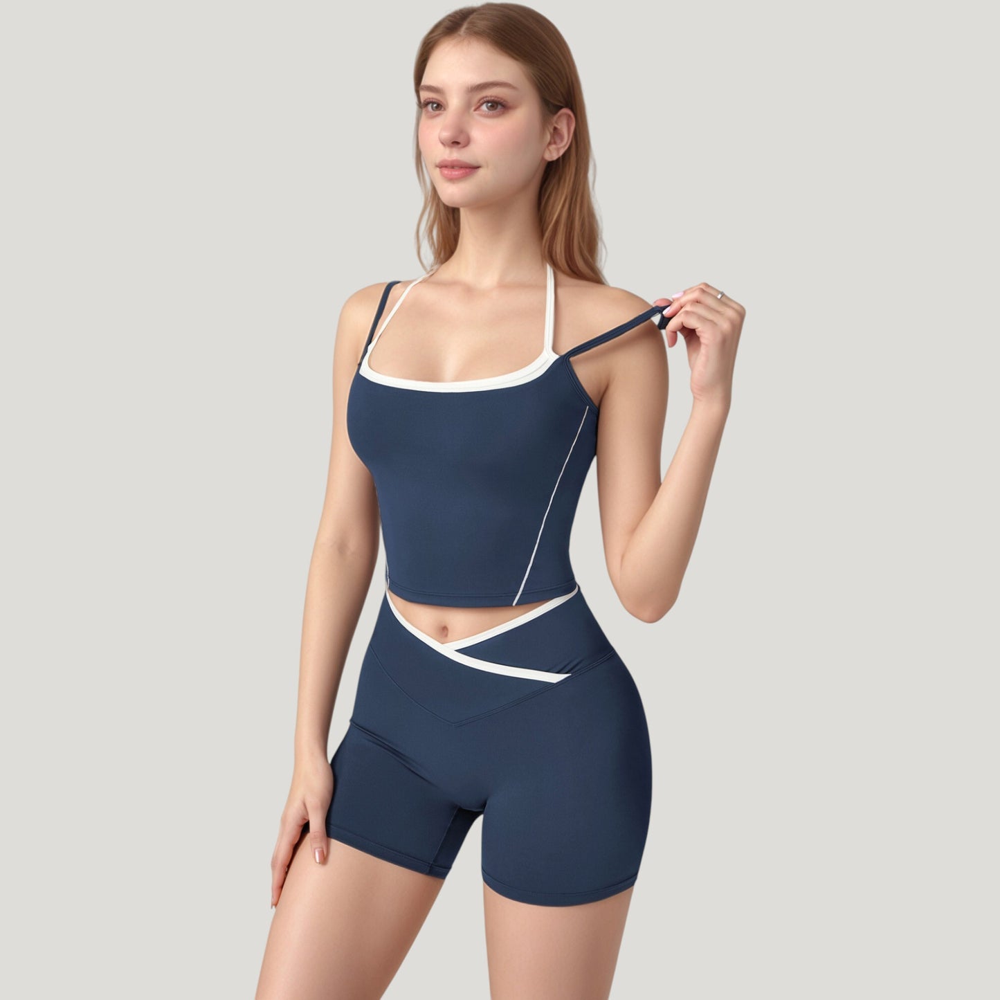 Double Strap Square Neck Activewear Crop Top with Contrast Trim and Streamlined Athletic Fit