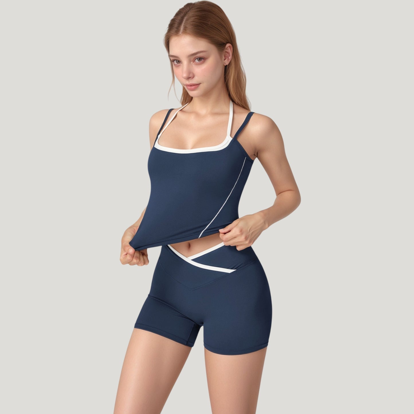 Double Strap Square Neck Activewear Crop Top with Contrast Trim and Streamlined Athletic Fit