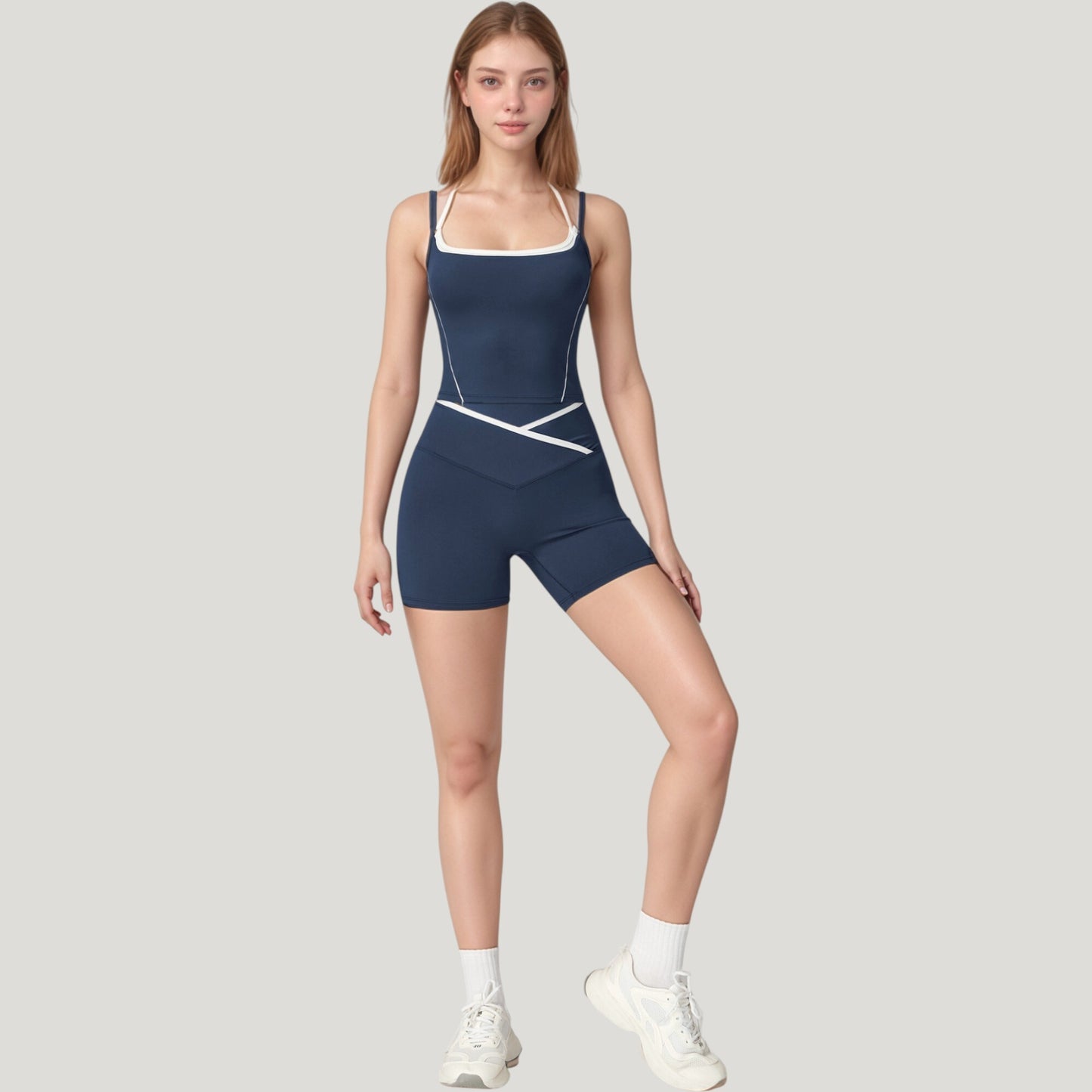 Double Strap Square Neck Activewear Crop Top with Contrast Trim and Streamlined Athletic Fit