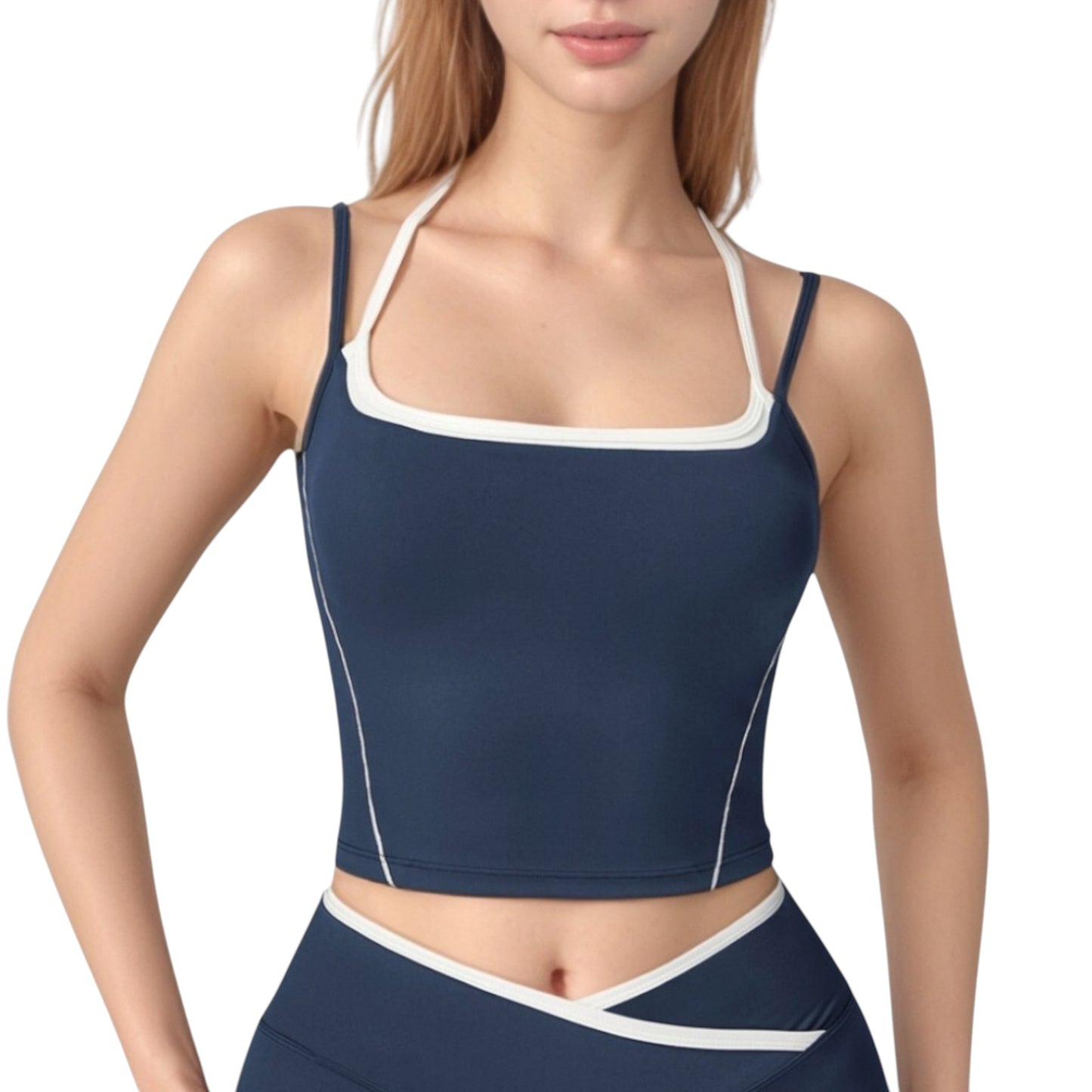 Double Strap Square Neck Activewear Crop Top with Contrast Trim and Streamlined Athletic Fit