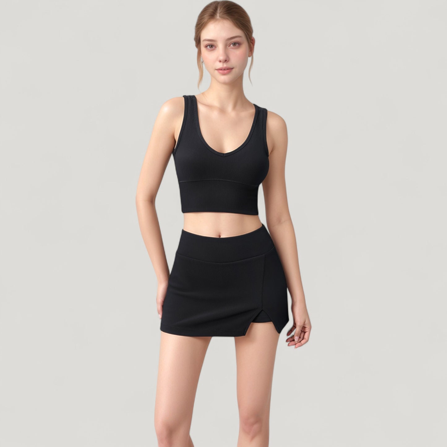 Ribbed Sports Bra with Wide Straps and Scoop Neckline for Low to Medium Impact Activities