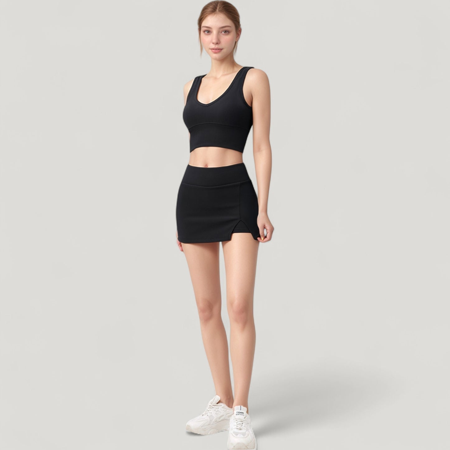 Ribbed Sports Bra with Wide Straps and Scoop Neckline for Low to Medium Impact Activities
